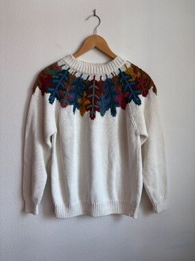 Koret Petites Vintage Leaf Yoke Sweater Cream Ramie Cotton Knit Large